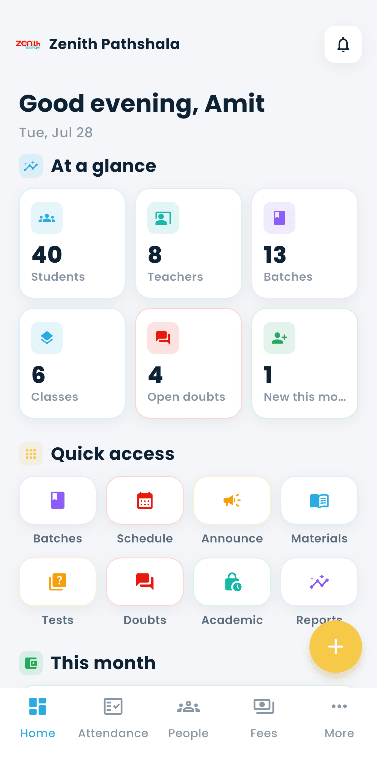 The owner's home screen in a live institute's app: students, teachers and batches at a glance, with quick access to batches, schedule, announcements, materials, tests, doubts and reports.